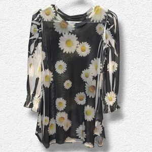 🌺ORIGAMI BLACK SHEER DAISIES SMOCKED SLEEVES BLOUSE